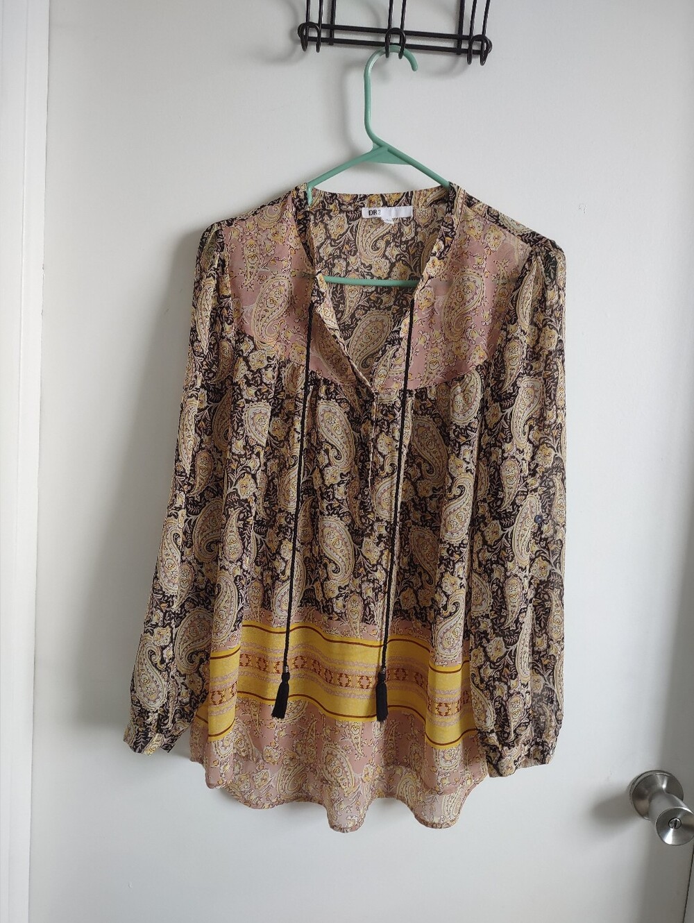 DR2 Nordstrom Boho Paisley Tie-Neck Blouse in Pink, Yellow & Cream